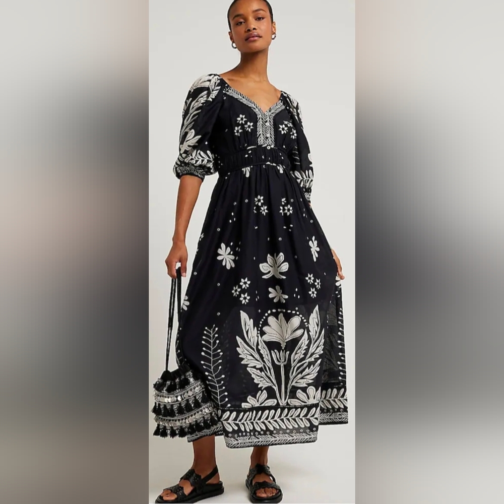River Island Black White Floral Puff Sleeve Cotton Maxi Dress US 10/UK 14